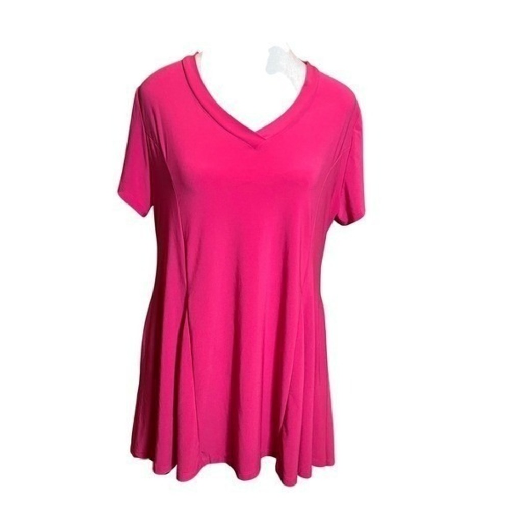 ❤️Attitudes by Renee Large Petite Hot Pink V-Neck Tunic Top Short Sleeves